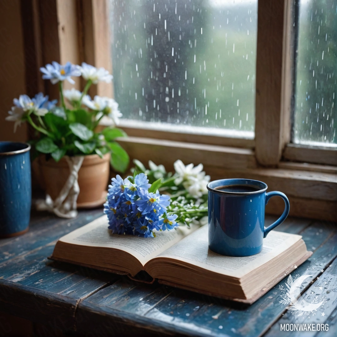 A blue book on a wooden windowsill with a blue mug containing flowers under the rain.