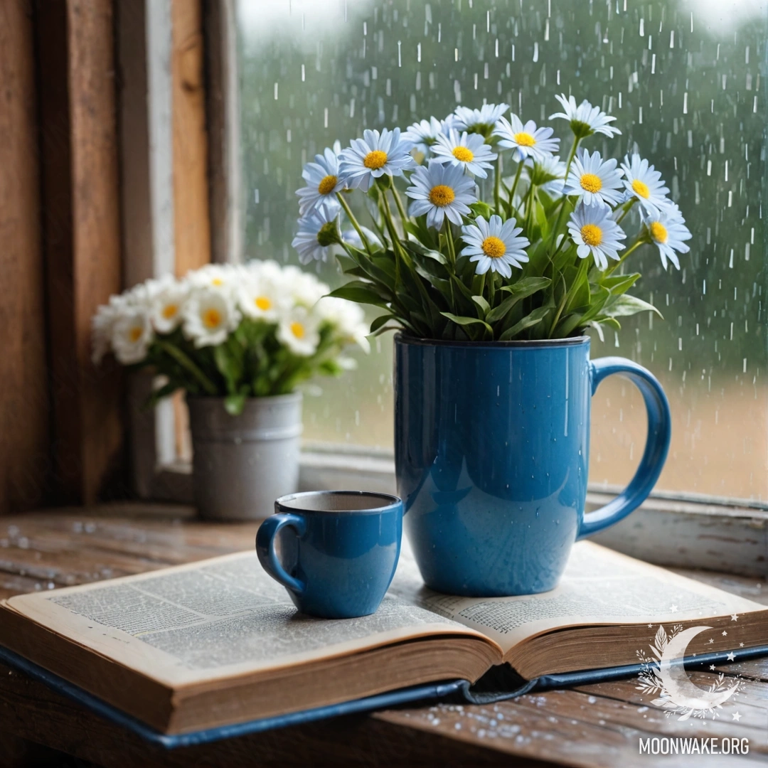 A blue book resting on a wooden windowsill, with a blue mug containing flowers in the rain.