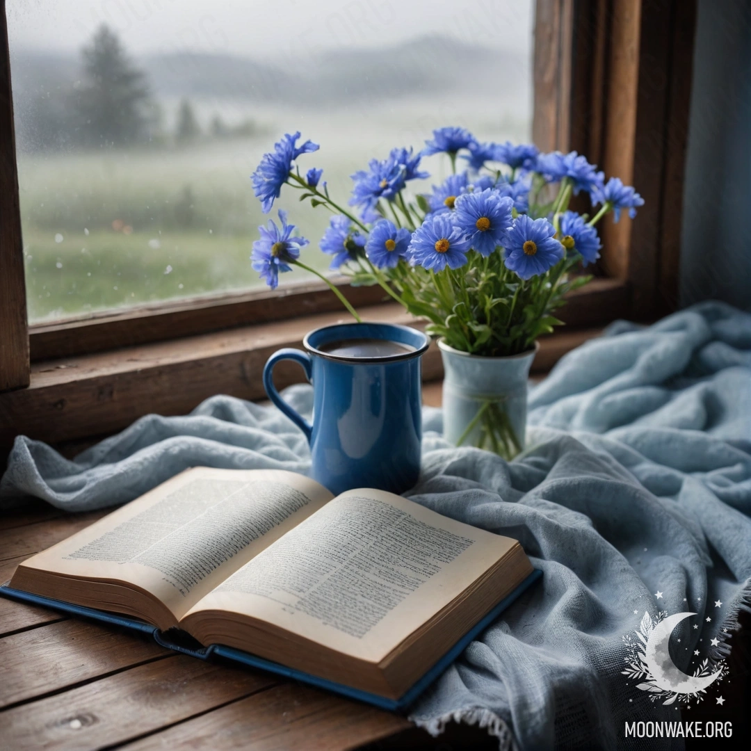 A shabby blue book resting on a wooden windowsill with a blue mug filled with flowers beside it, surrounded by dense fog.