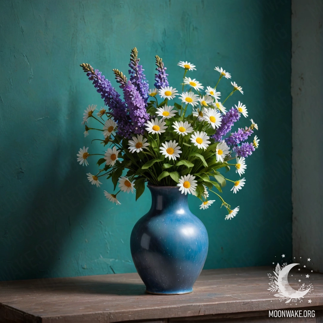 A shabby blue vase filled with daisies and lilacs against a greenish wall at night.