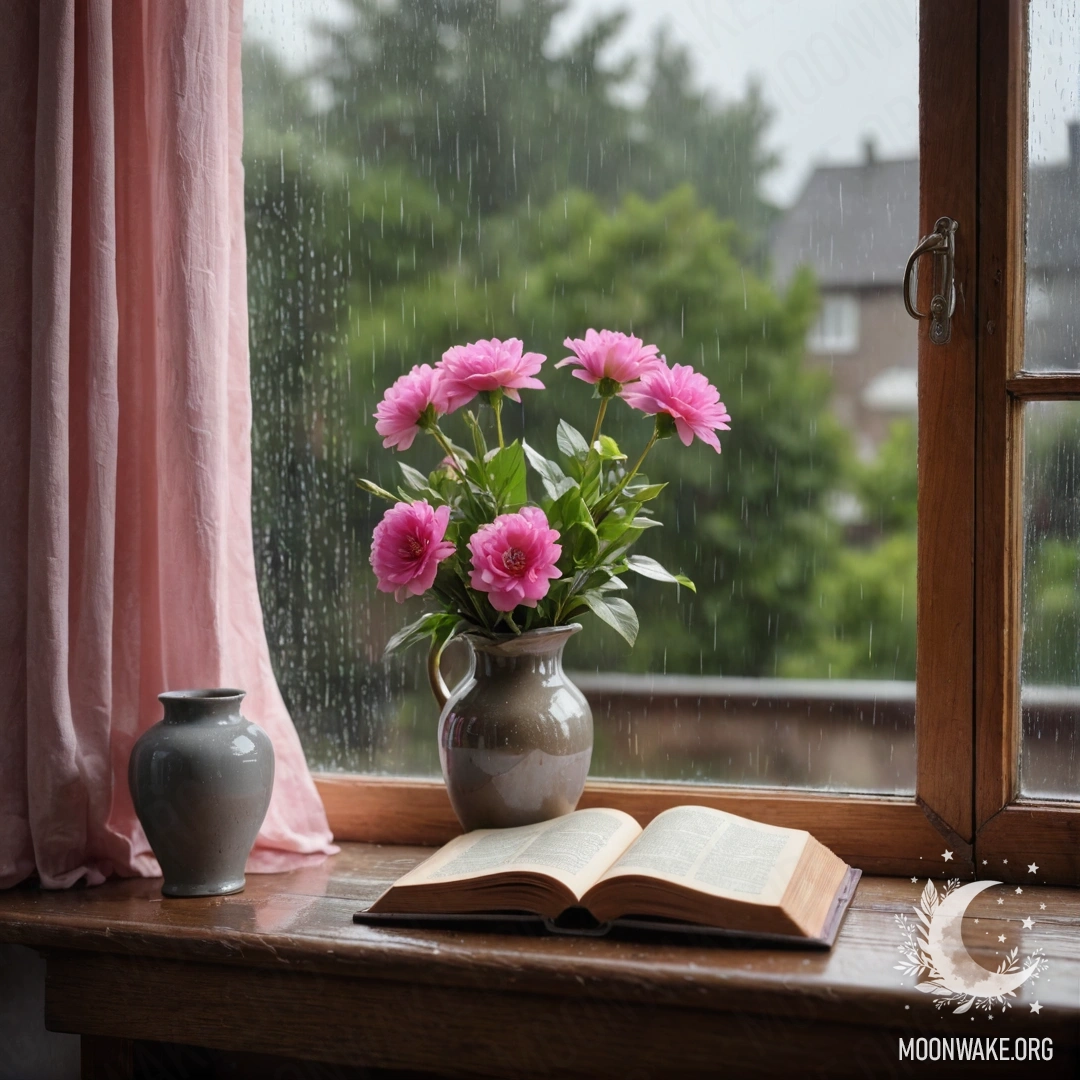 A shabby blue vase filled with daisies and lilacs against a greenish wall, under the rain.