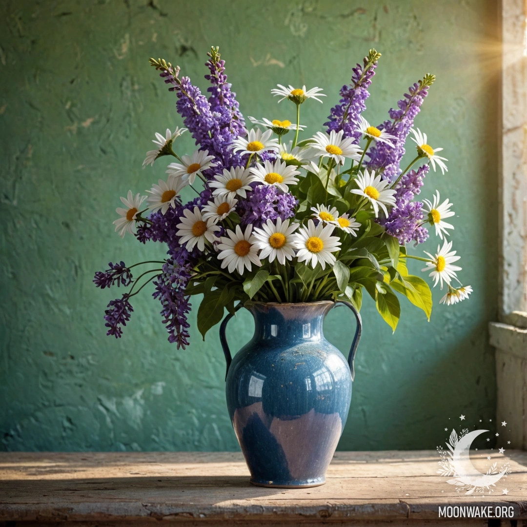 Cozy Blue Vase with Daisies and Lilacs A shabby metal blue vase filled with daisies and lilacs against a greenish wall, illuminated by sunlight.