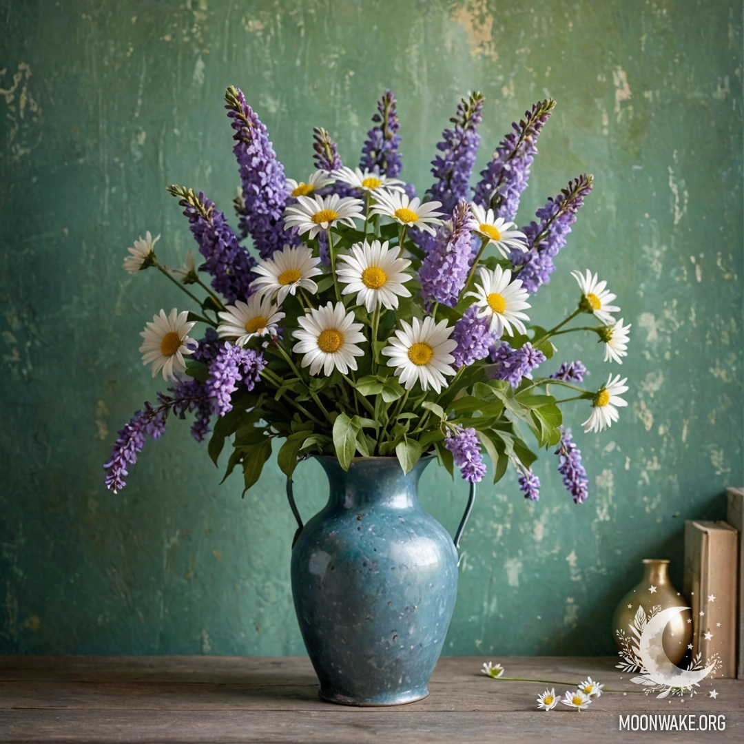 A worn blue vase filled with daisies and lilacs against a shabby green wall illuminated by garland lights.