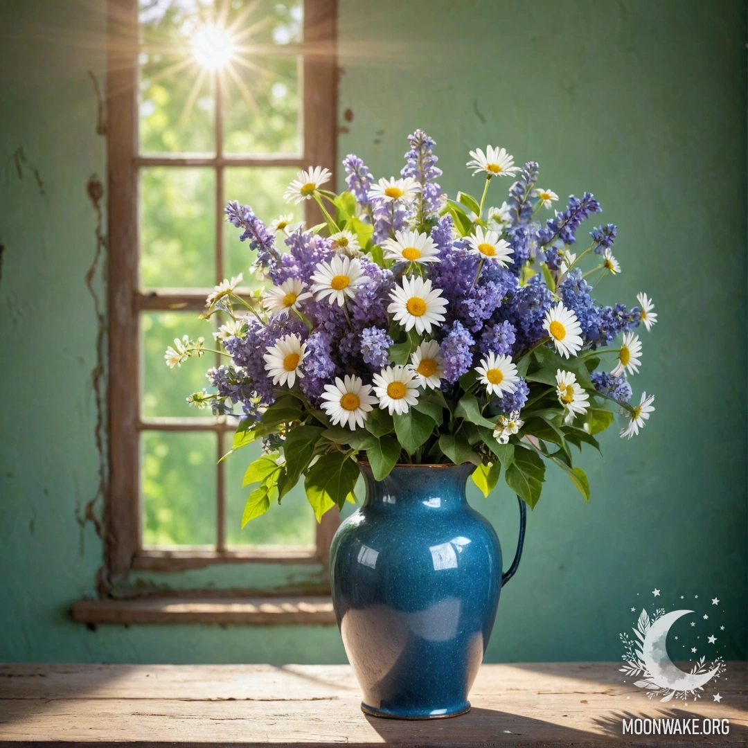 A shabby blue metal vase filled with daisies and lilacs against a greenish wall, illuminated by sun rays.