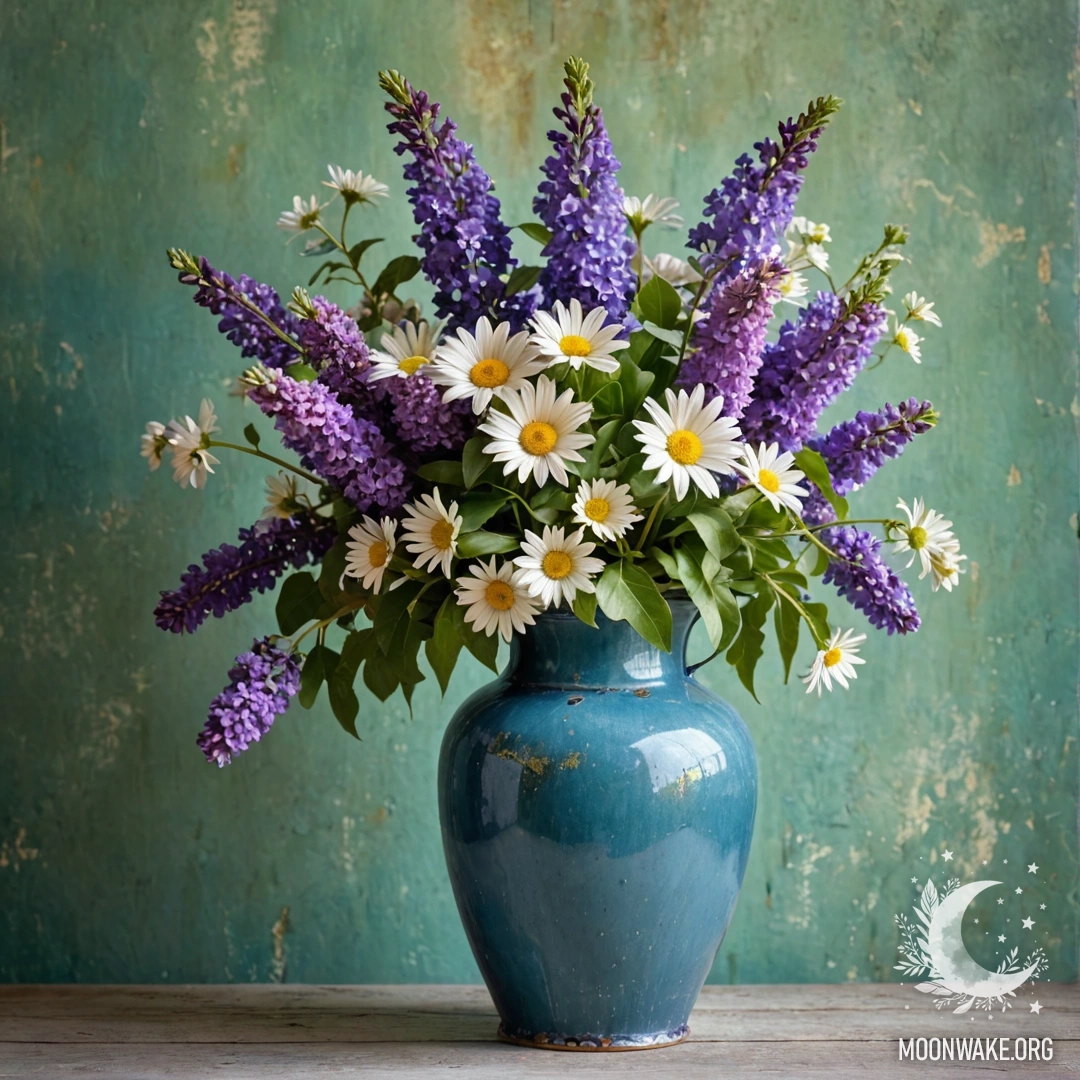 A shabby blue vase filled with daisies and lilacs against a greenish wall illuminated by garland lights.