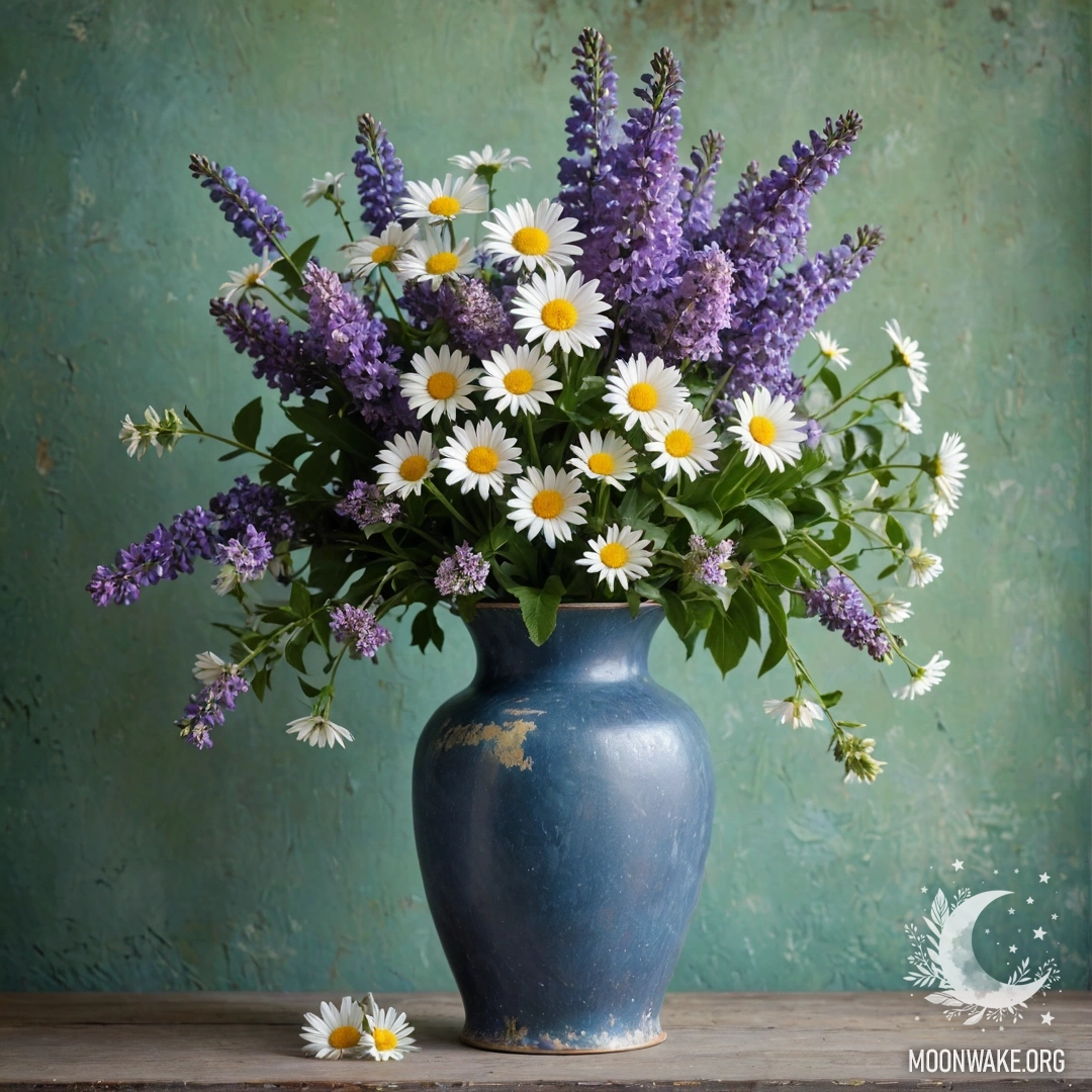 Cozy Blue Vase with Daisies and Lilacs A shabby blue vase filled with white daisies and lilacs against a greenish wall.
