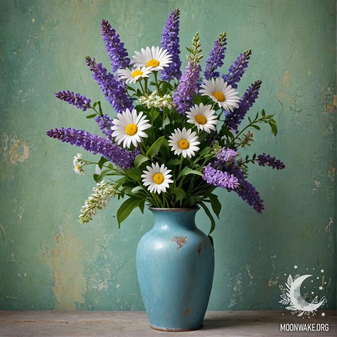 Cozy Blue Vase with Daisies and Lilacs A shabby blue metal vase filled with daisies and lilacs against a greenish wall.