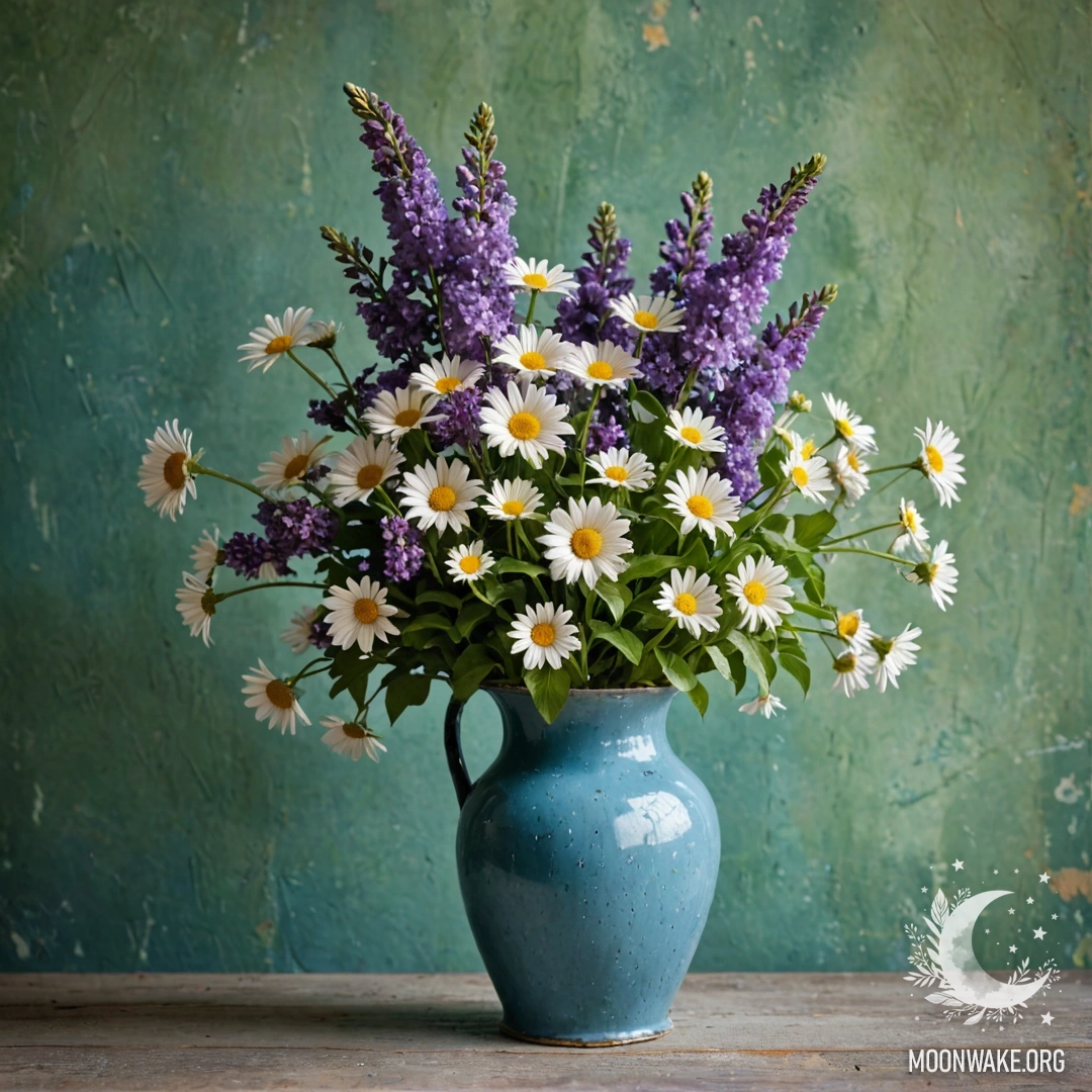 A shabby metal blue vase filled with daisies and lilacs against a greenish wall.