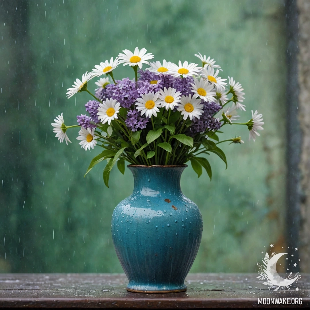 A shabby metal blue vase filled with daisies and lilacs against a greenish wall while it's raining.