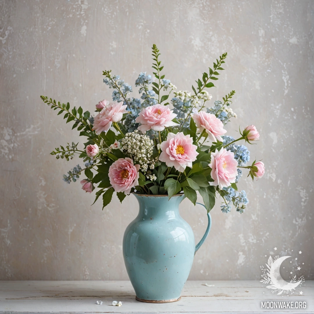 A shabby pastel blue vase filled with white and pink flowers against a white wall adorned with garland lights.