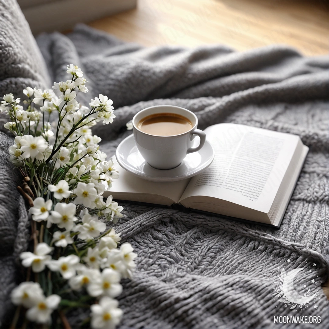 A close-up of a white chair with a gray knitted blanket, a book, a branch with white flowers, and a white cup of coffee, illuminated by sun rays.