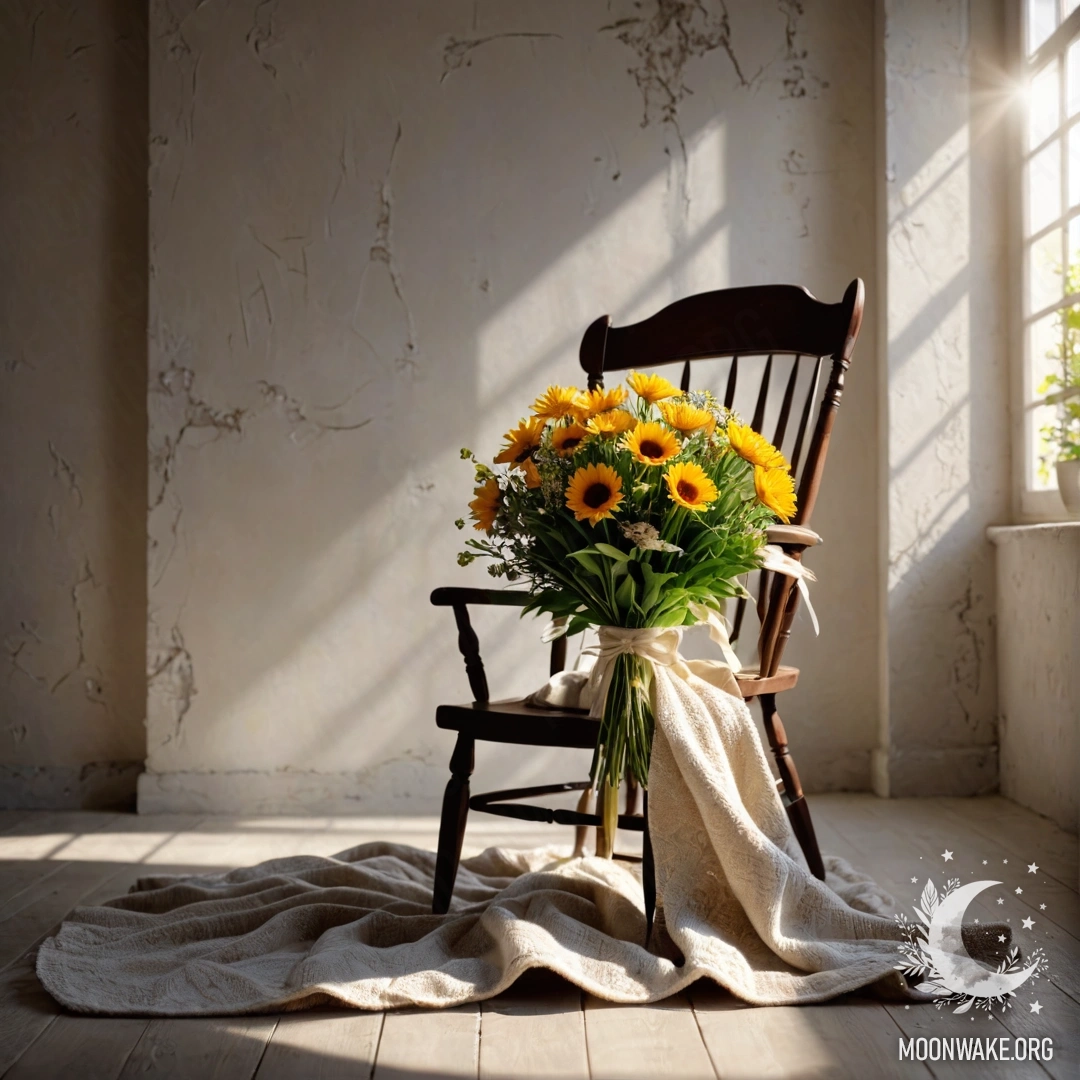 A cozy chair with a blanket and a bouquet of flowers on it against a shabby wall.