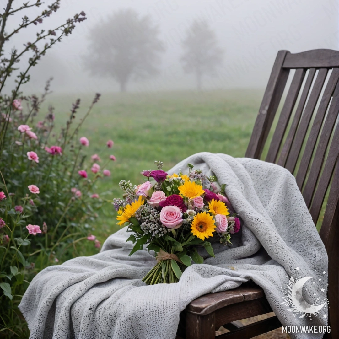 Cozy Chair with Flowers and Blanket A cozy chair draped with a blanket, adorned with a bouquet of flowers, set against a shabby wall in dense fog.