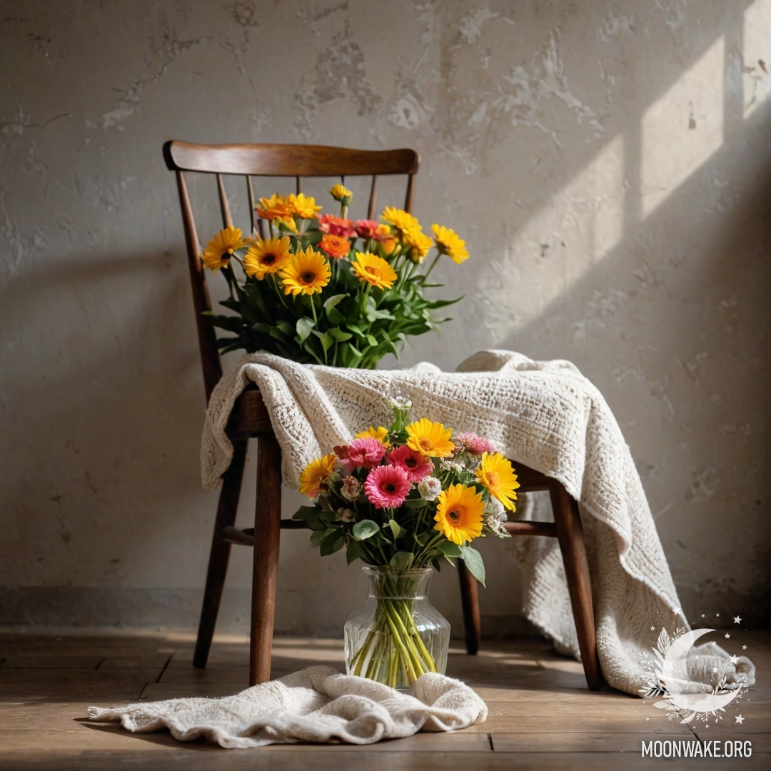A cozy chair against a shabby wall, with a blanket and bouquet of flowers.