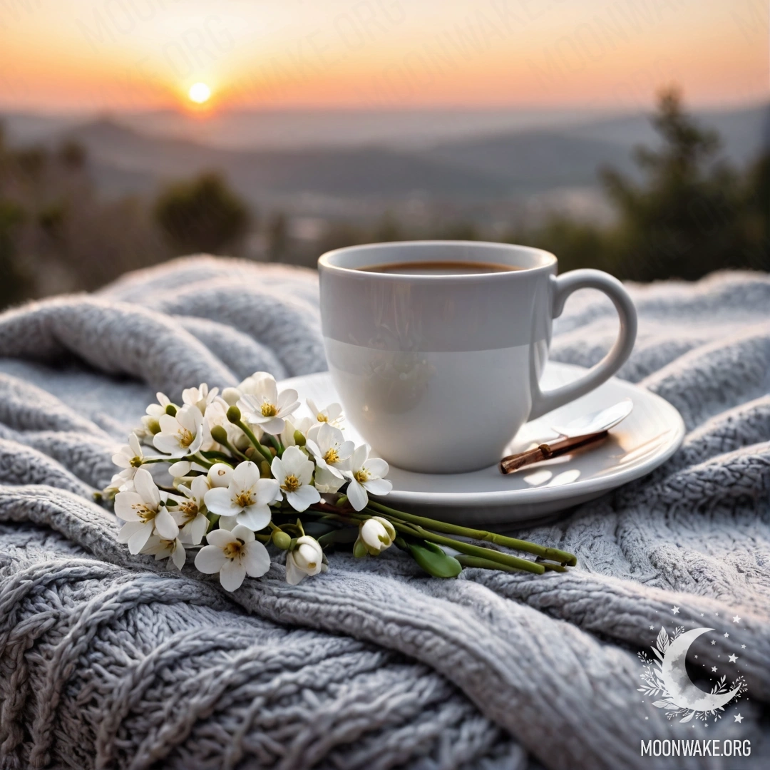 A close-up of a beautiful white chair adorned with a gray knitted blanket, a book, a branch with white flowers, and a white cup of coffee, all bathed in the warm glow of a sunset.