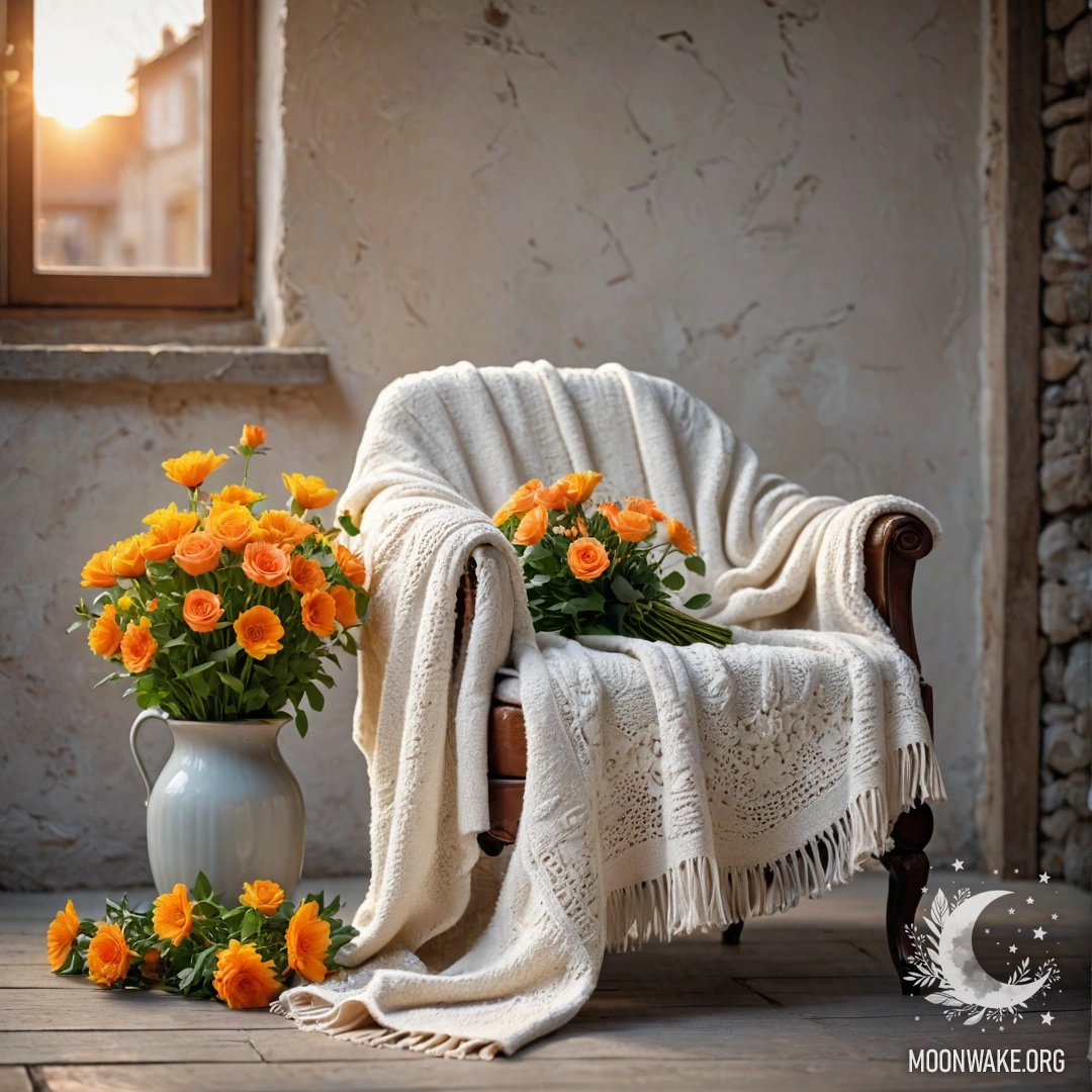A cozy armchair with a blanket and a bouquet of flowers resting on it against a shabby wall during sunset.