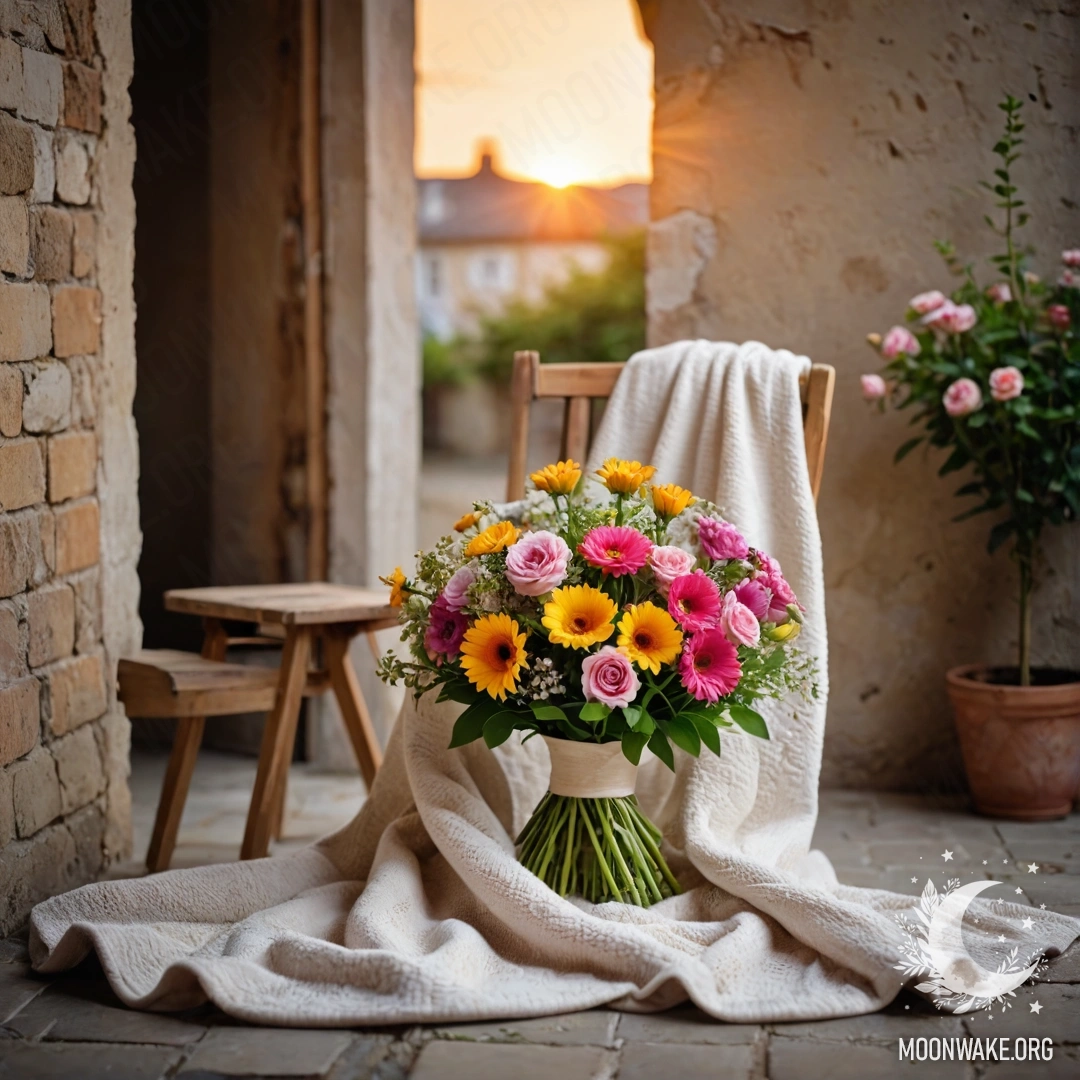 Cozy Chair with Flowers on a Blanket A cozy chair against a shabby wall, with a blanket and flowers at sunset.