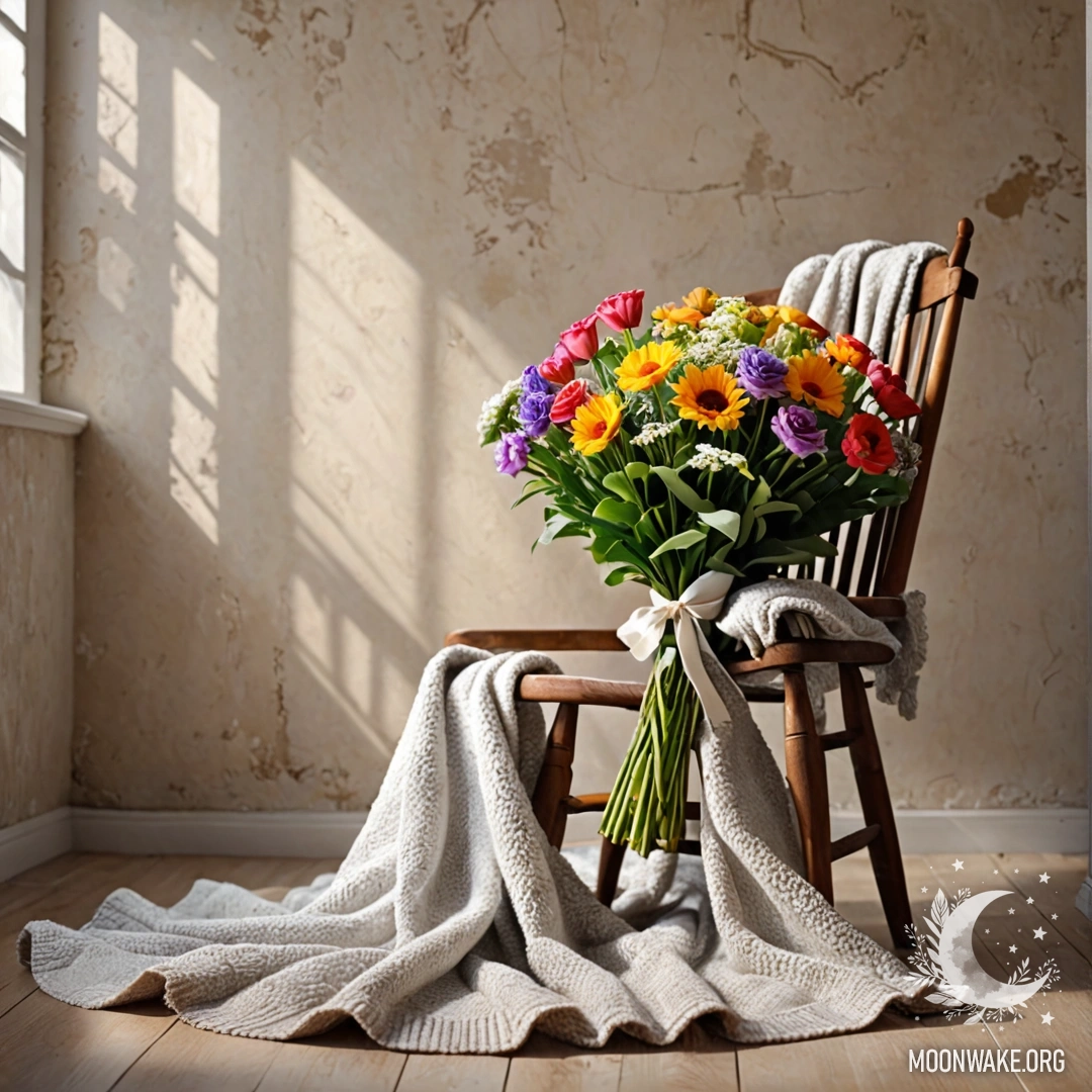 A cozy chair with a blanket and a bouquet of flowers on it against a shabby wall.
