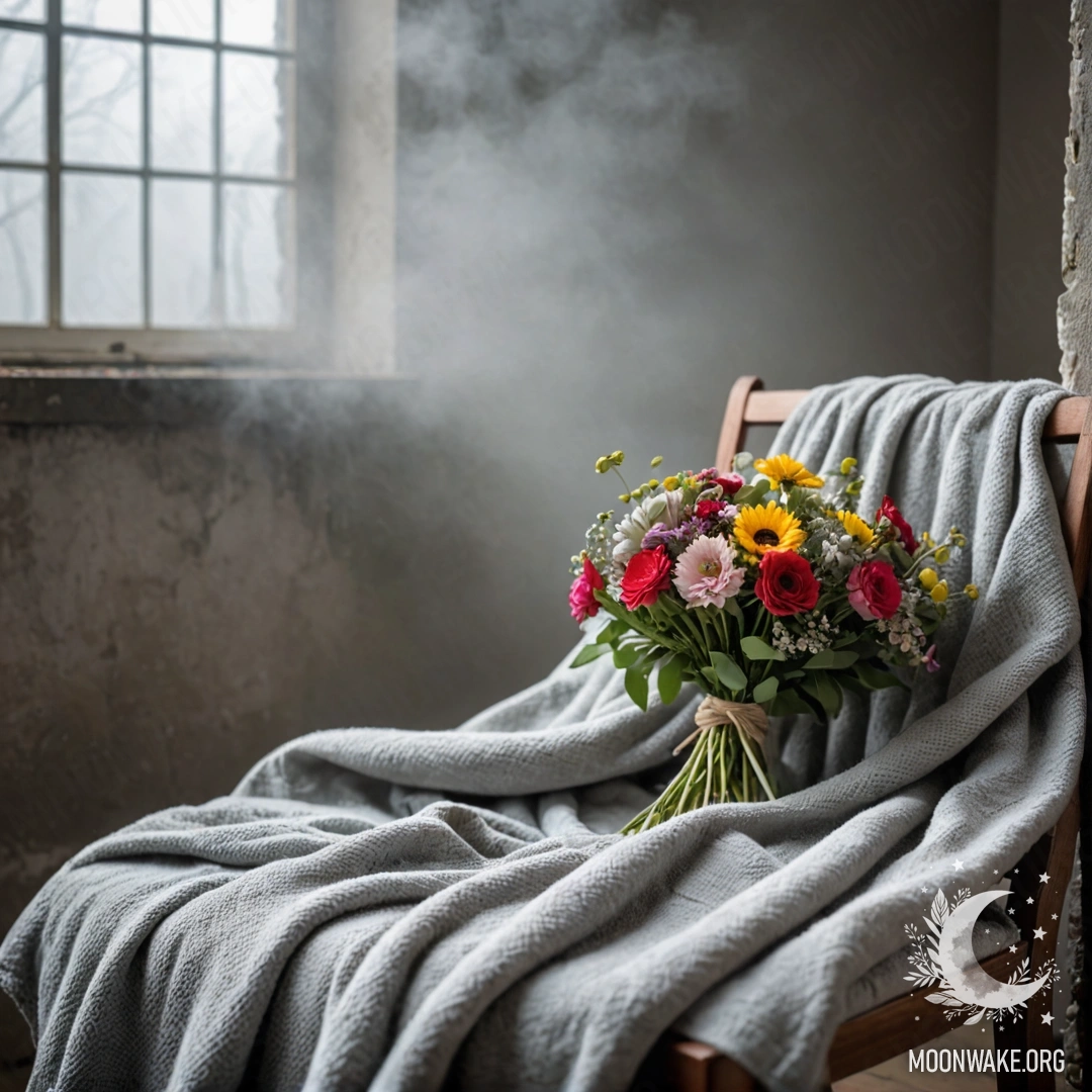 A cozy chair draped with a blanket, featuring a bouquet of flowers on it, set against a shabby wall shrouded in dense fog.