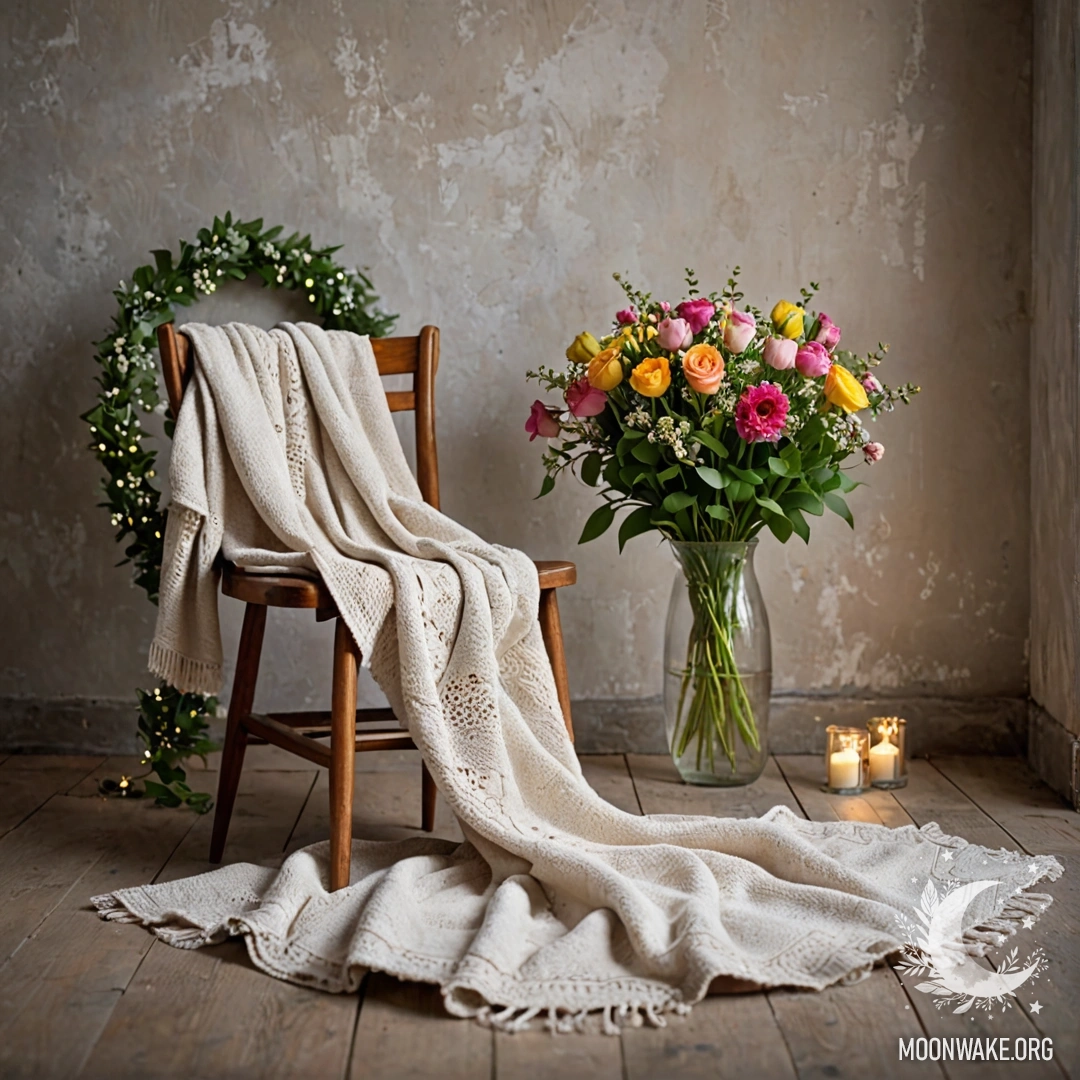 Cozy Chair with Flowers and Garland Lights A cozy chair against a shabby wall, with a blanket and a bouquet of flowers illuminated by garland lights.