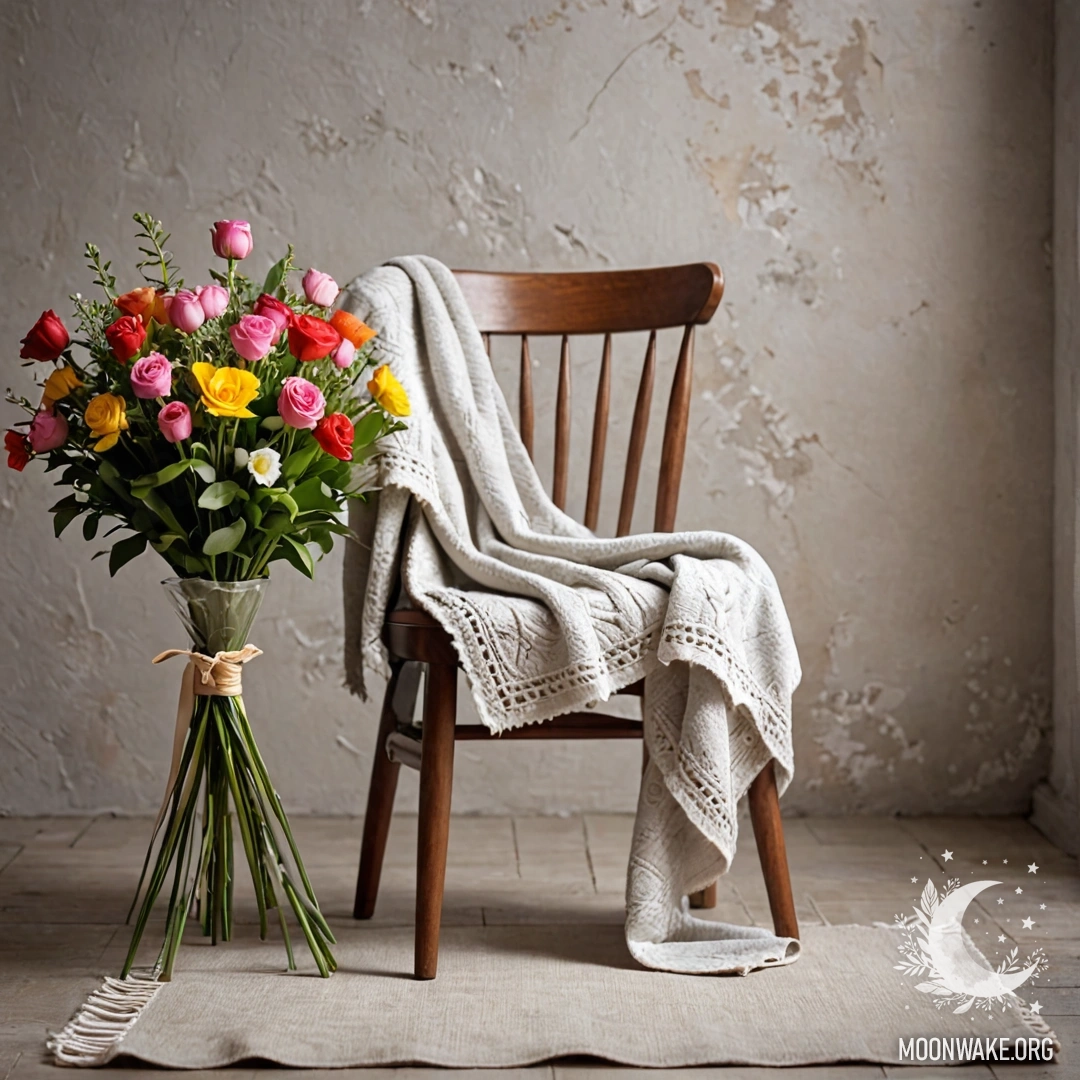 A chair with a blanket and a bouquet of flowers on it, against a shabby wall.