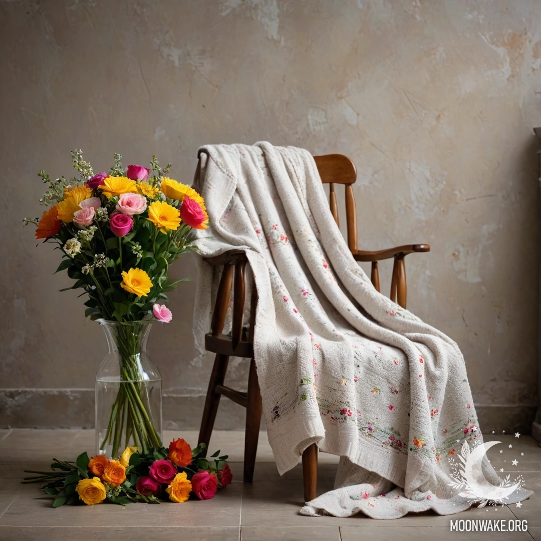 A cozy chair draped with a blanket and adorned with a bouquet of flowers under a garland of lights against a shabby wall.