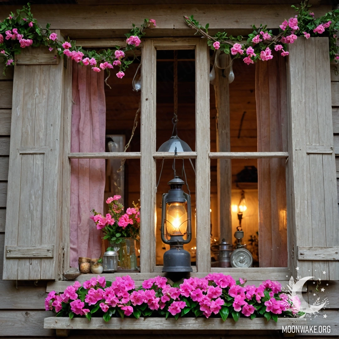 A cozy chair with a blanket and a bouquet of flowers adorned with garland lights against a shabby wall.