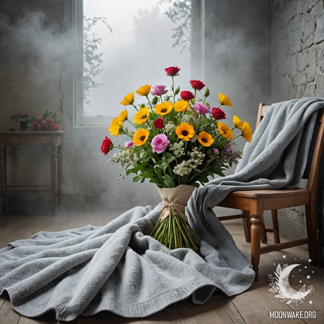 Cozy Chair with Flowers in Misty Background A cozy chair draped with a blanket, adorned with a bouquet of flowers, set against a shabby wall in heavy fog.
