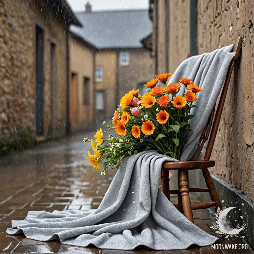 A cozy chair with a blanket and a bouquet of flowers lying on it, set against a shabby wall, while it rains.