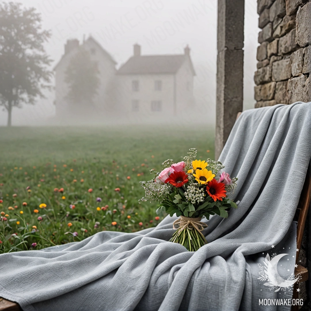 Cozy Chair with Flowers Against Shabby Wall A cozy chair draped in a blanket adorned with a bouquet of flowers, set against a shabby wall in dense fog.