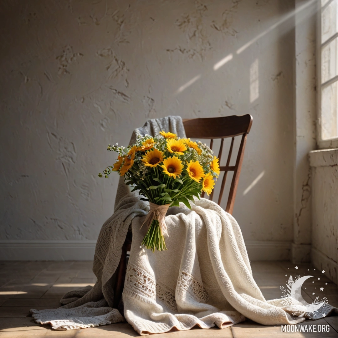 A cozy chair draped with a blanket, adorned with a bouquet of flowers, set against a shabby wall, illuminated by soft sun rays.