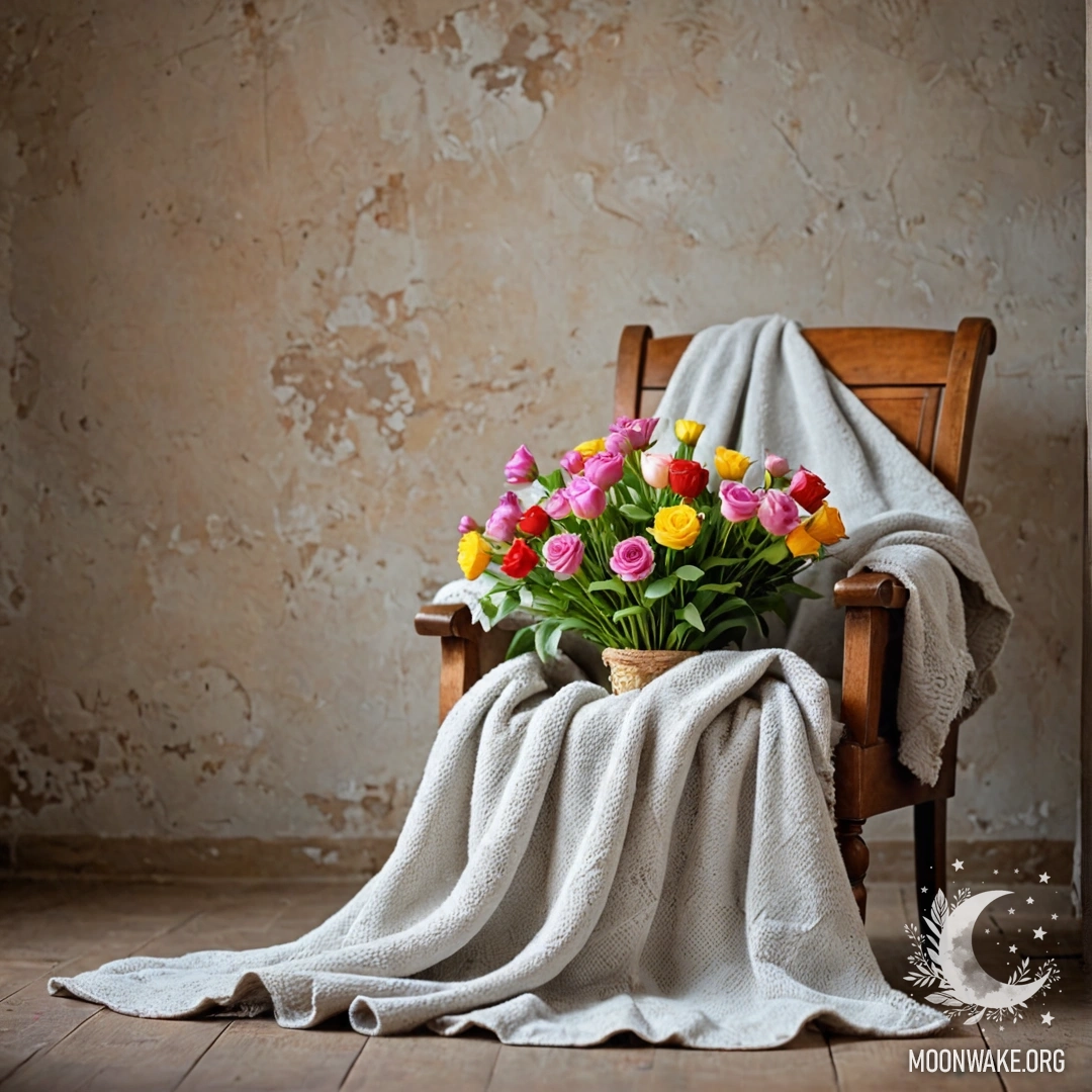 A cozy chair with a blanket and a bouquet of flowers on it.