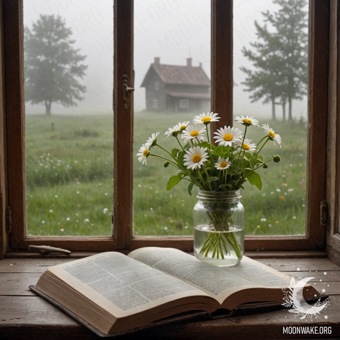 A cozy chair draped with a blanket, adorned with a bouquet of flowers, against a shabby wall with sun rays shining down.