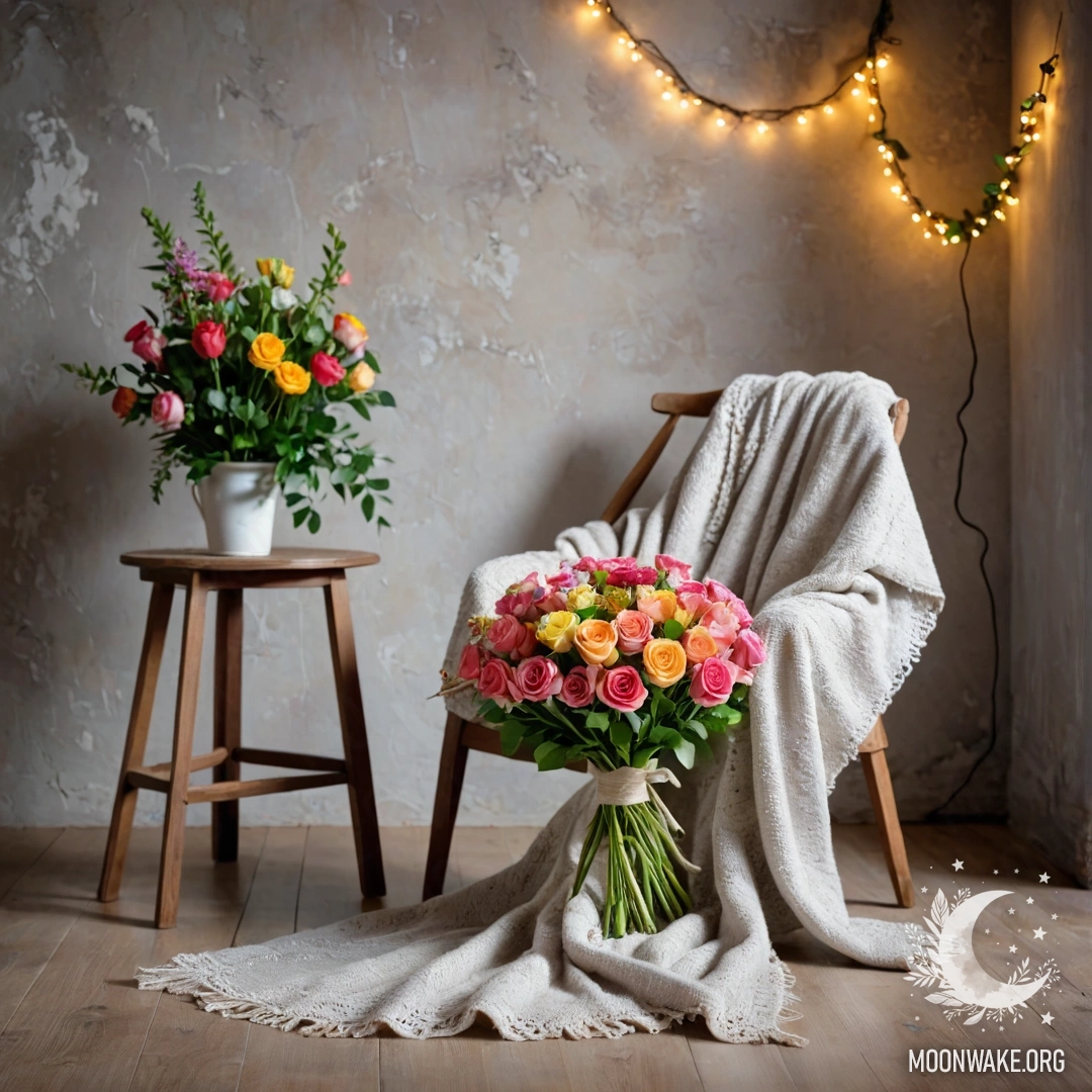 A cozy chair against a shabby wall, adorned with a blanket and flowers.