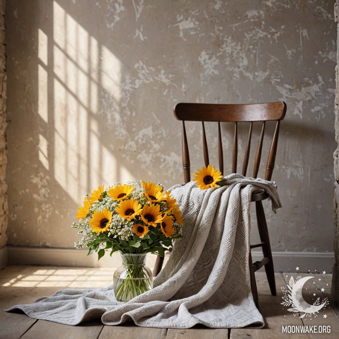 A chair against a shabby wall, covered with a blanket and a bouquet of flowers on top, illuminated by sun rays.