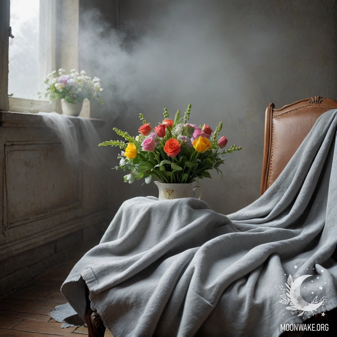 Cozy Chair with Flowers Against Shabby Wall A cozy chair with a blanket, adorned with a bouquet of flowers, set against a shabby wall in dense fog.