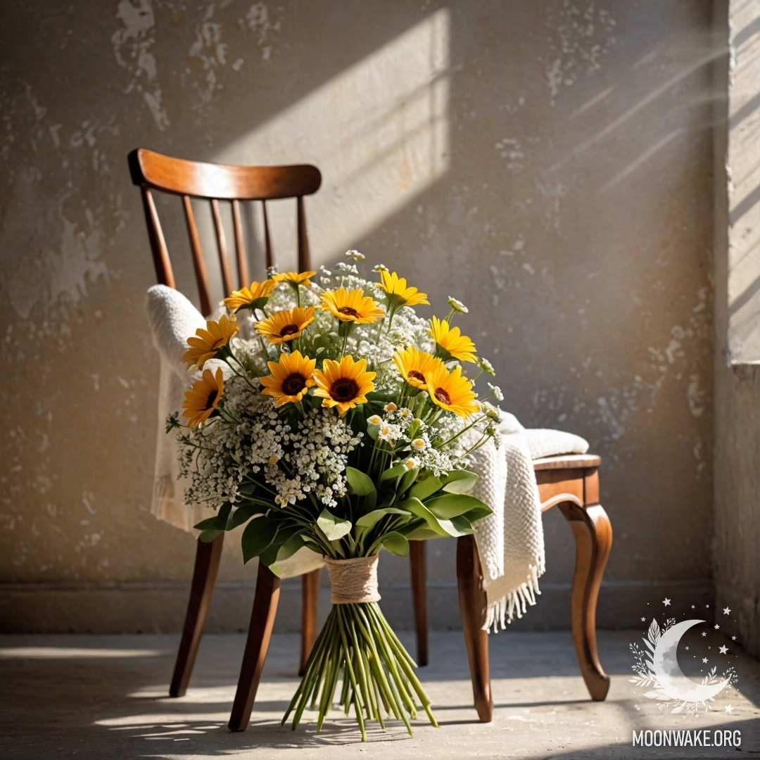 A cozy chair against a shabby wall, adorned with a blanket and a bouquet of flowers, illuminated by sun rays.