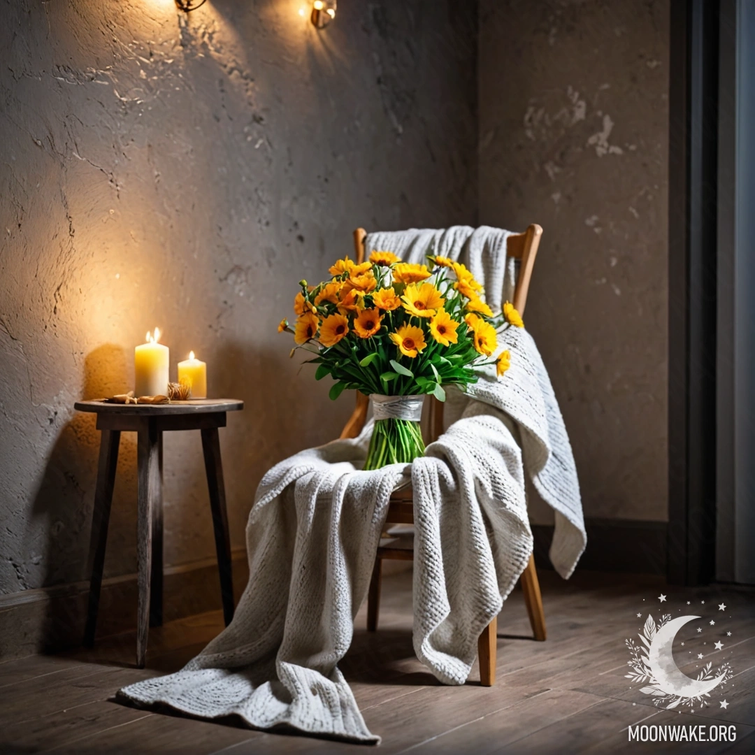 Cozy Chair with Flowers A chair with a blanket and a bouquet of flowers against a shabby wall at night.