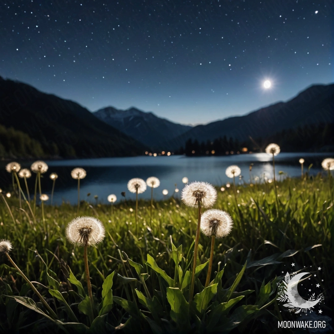 Close-up of dandelions in a cozy field with a bokeh background of a mountain lake at night.