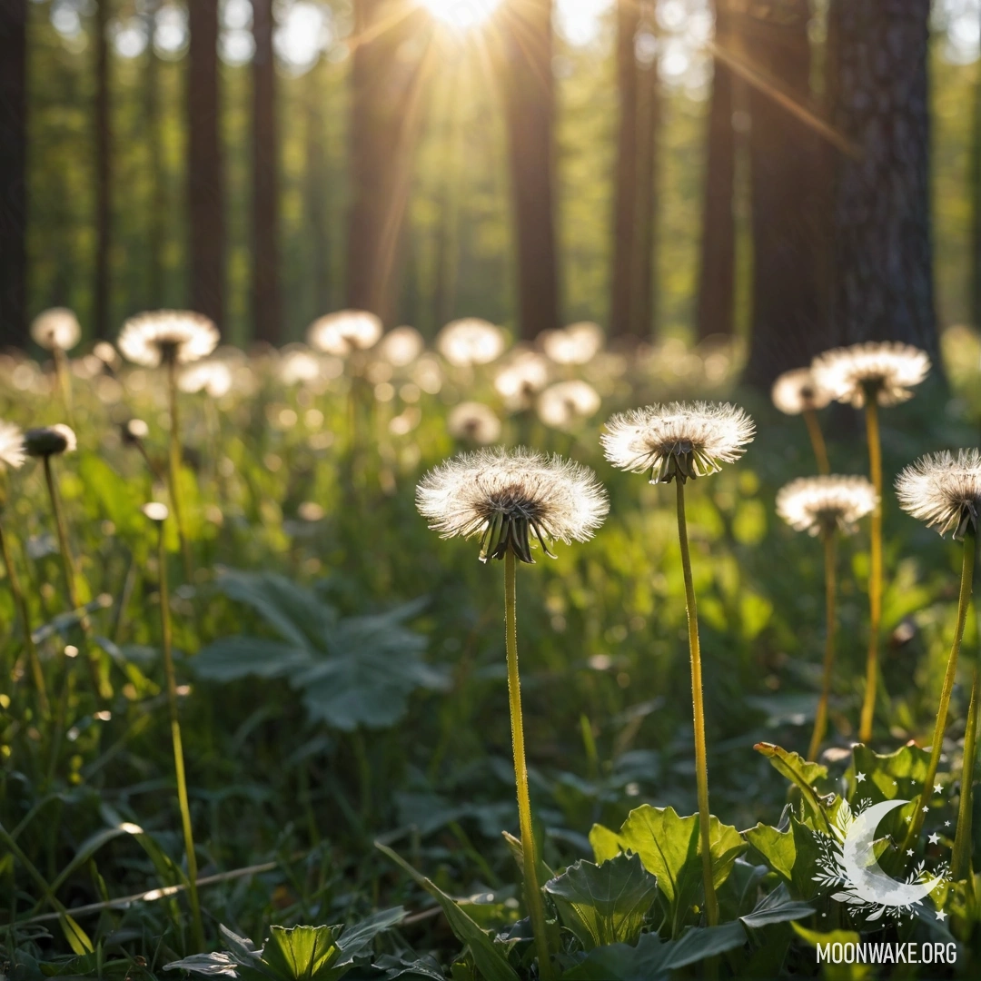 Close-up of dandelions in a sunny field with a blurred forest background.