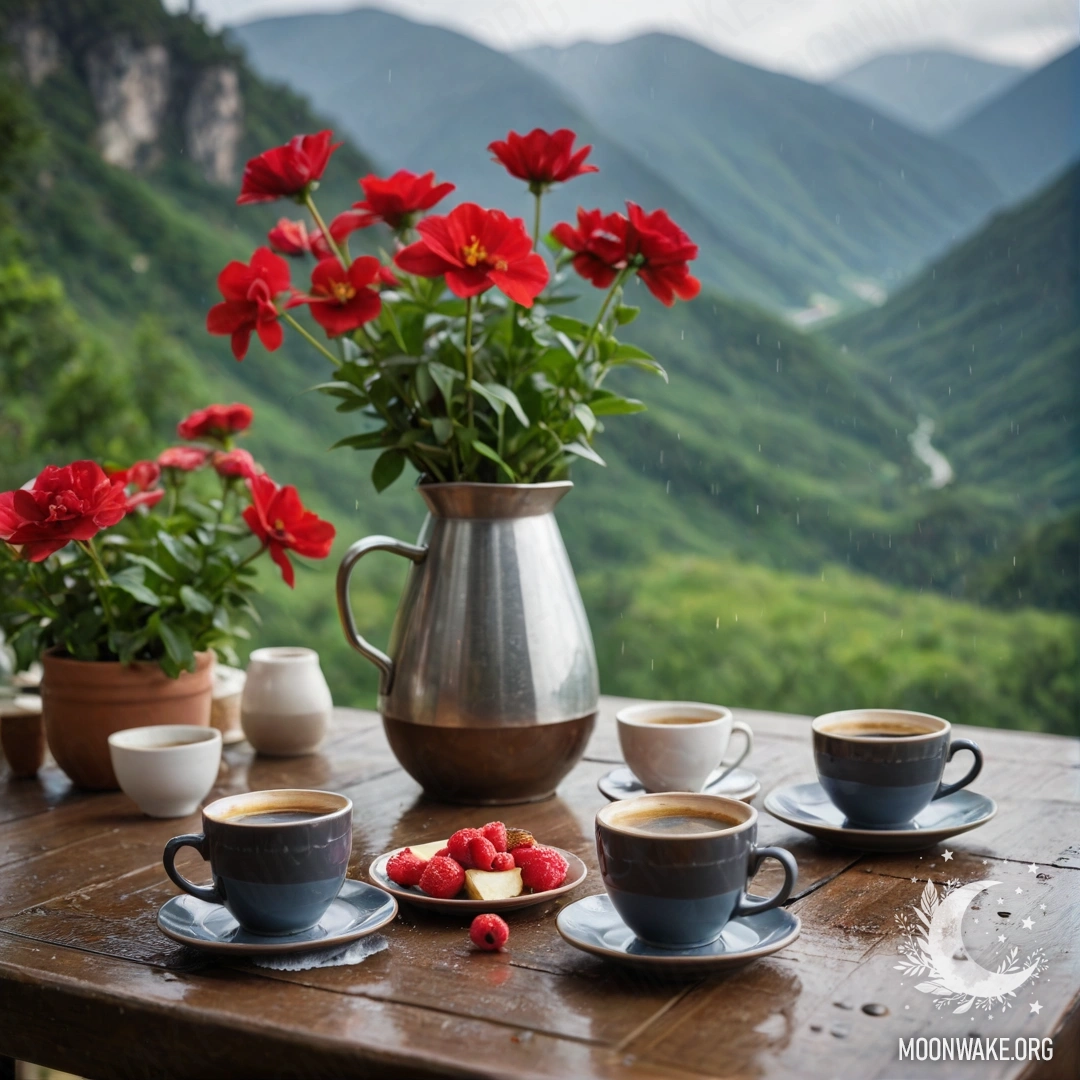 A serene wooden table with a jar of red flowers, coffee pot, and cups, set against a mountainous backdrop in the rain.
