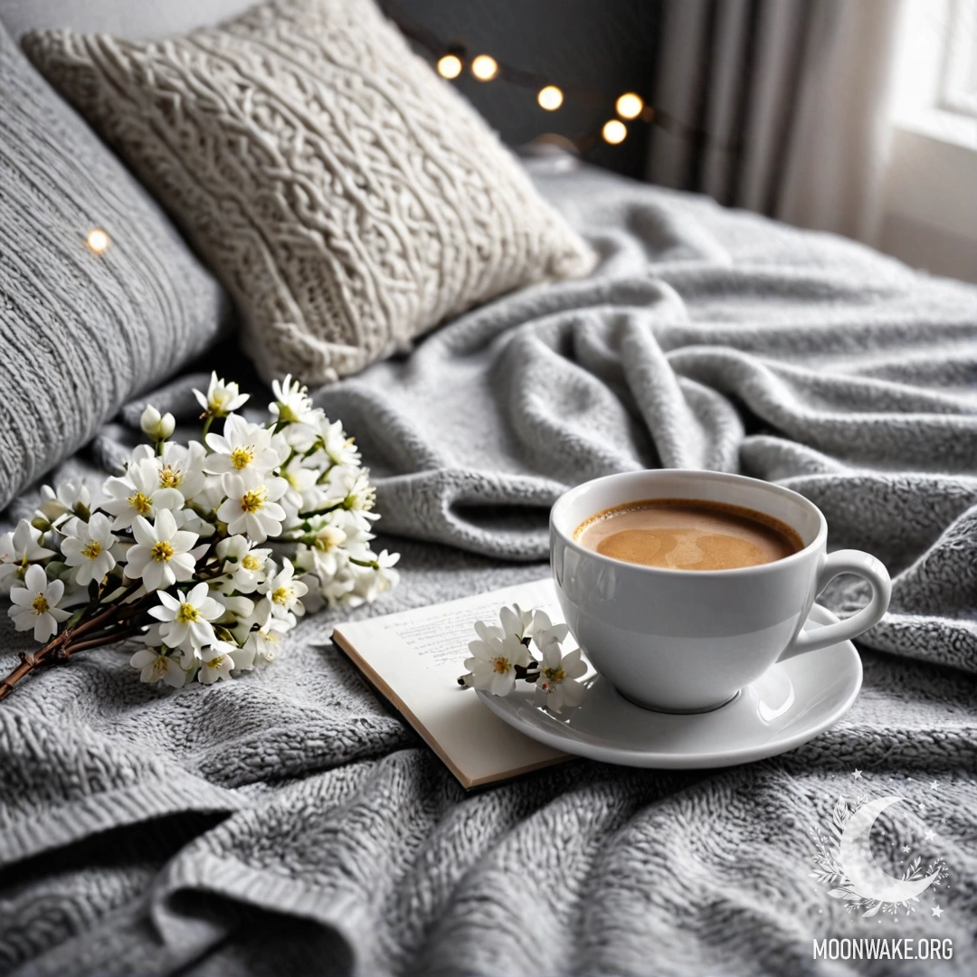 A close-up of an abstract white chair adorned with a gray knitted blanket, a book, a branch with white flowers, and a cup of coffee surrounded by warm garland lights.