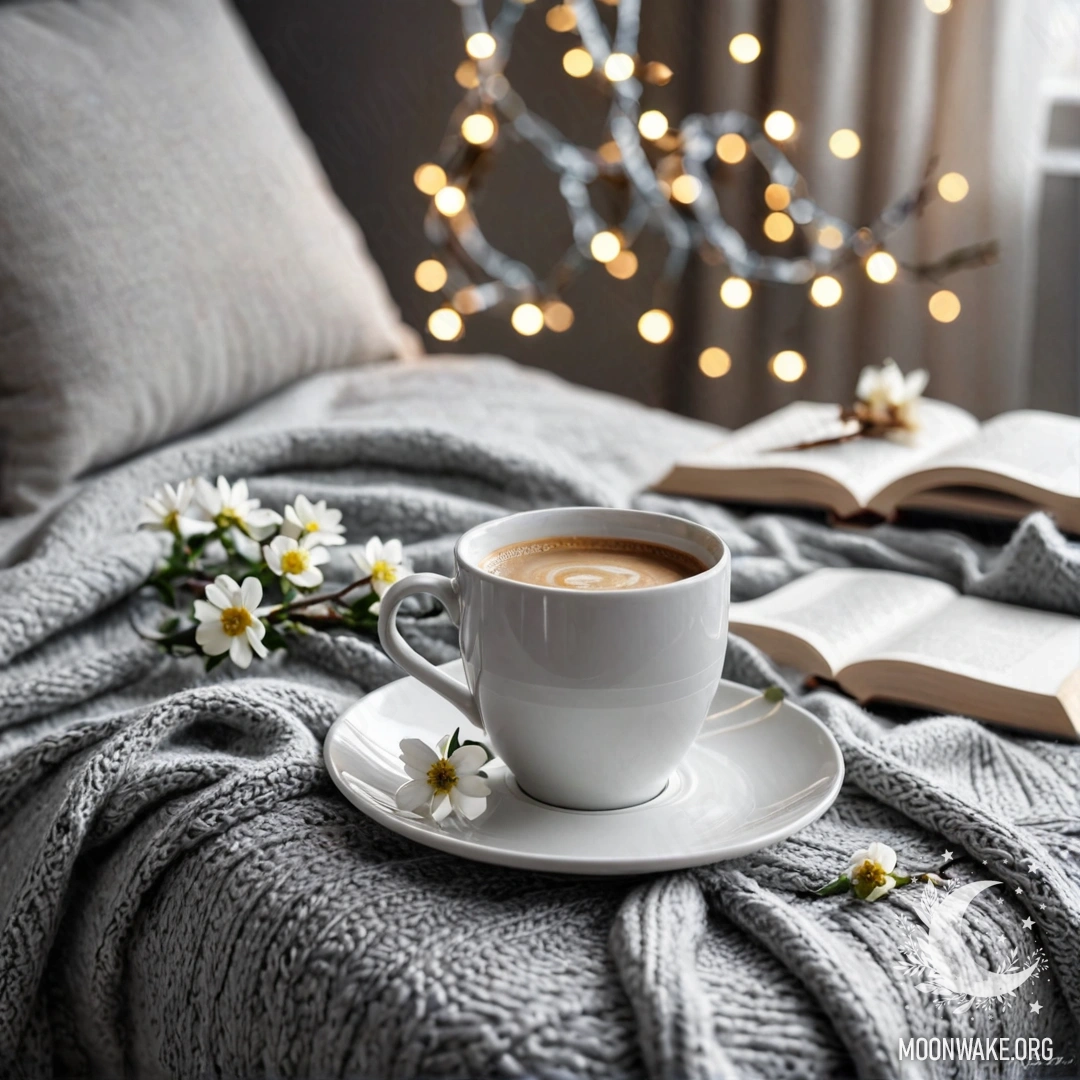 A close-up of a white chair adorned with a grey knitted blanket, a book, a branch with white flowers, and a cup of coffee surrounded by soft garland lights.