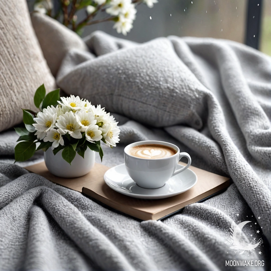 A close-up of a white chair with a gray blanket, a book, a branch of white flowers, and a white cup of coffee, all under the rain.