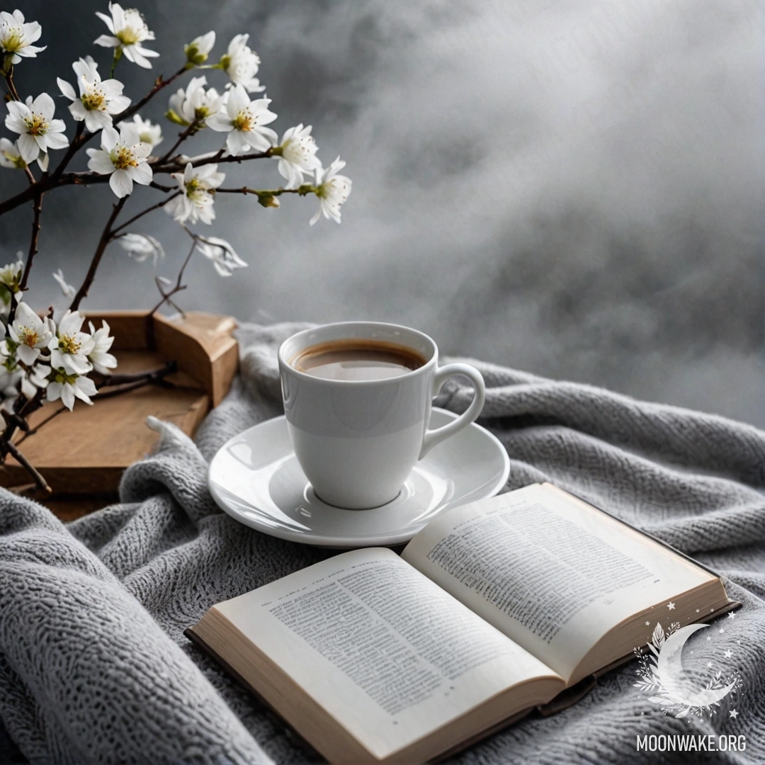 A close-up of a sweet white chair with a gray knitted blanket, a book, a branch of white flowers, and a white cup of coffee in a thick fog.