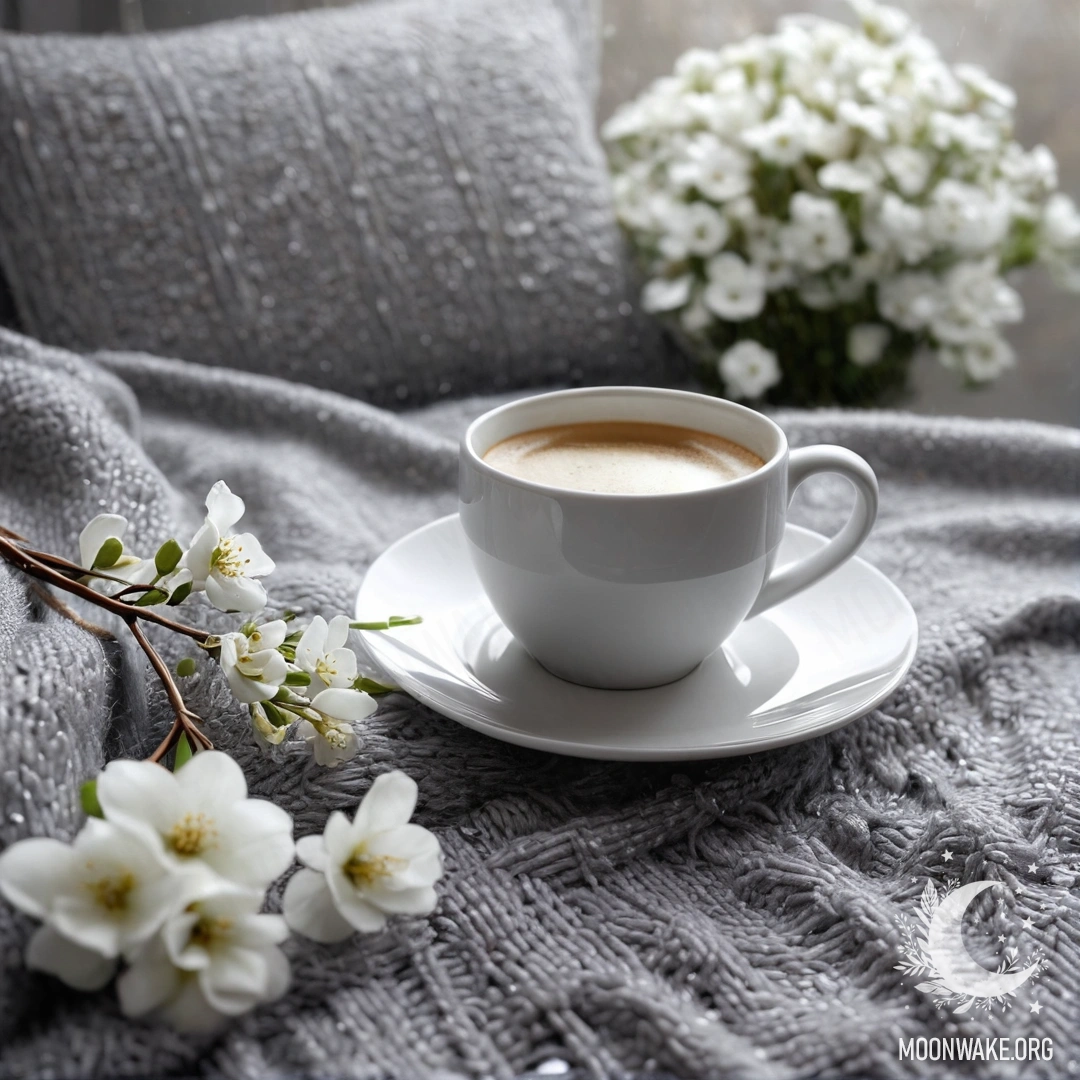Cozy Corner: White Chair and Coffee in the Rain Close-up of a white chair with a gray knitted blanket, book, a branch with white flowers, and a white cup of coffee under the rain.