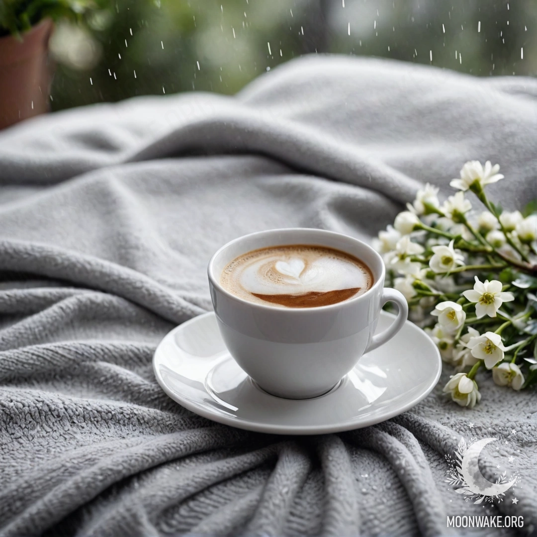 A close-up of a white chair with a gray knitted blanket, a book, a branch with white flowers, and a white cup of coffee, all under the soft rain.