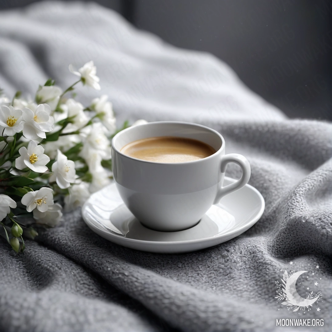 A close-up view of a beautiful white chair with a gray knitted blanket, a book, a branch with white flowers, and a cup of coffee under the rain.