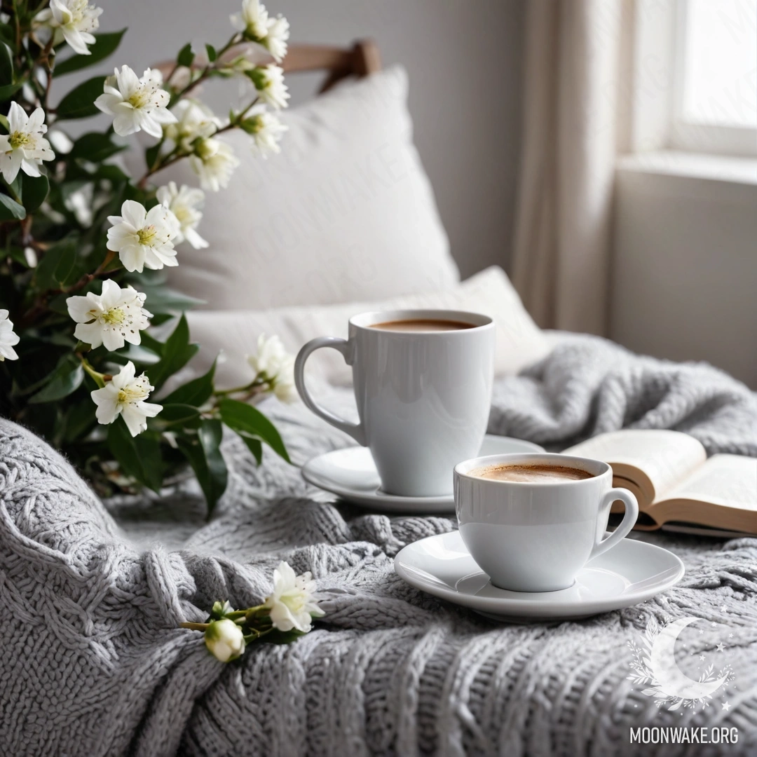 A close-up of a sweet white chair adorned with a gray knitted blanket, a book, a branch with white flowers, and a white cup of coffee surrounded by warm garland lights.