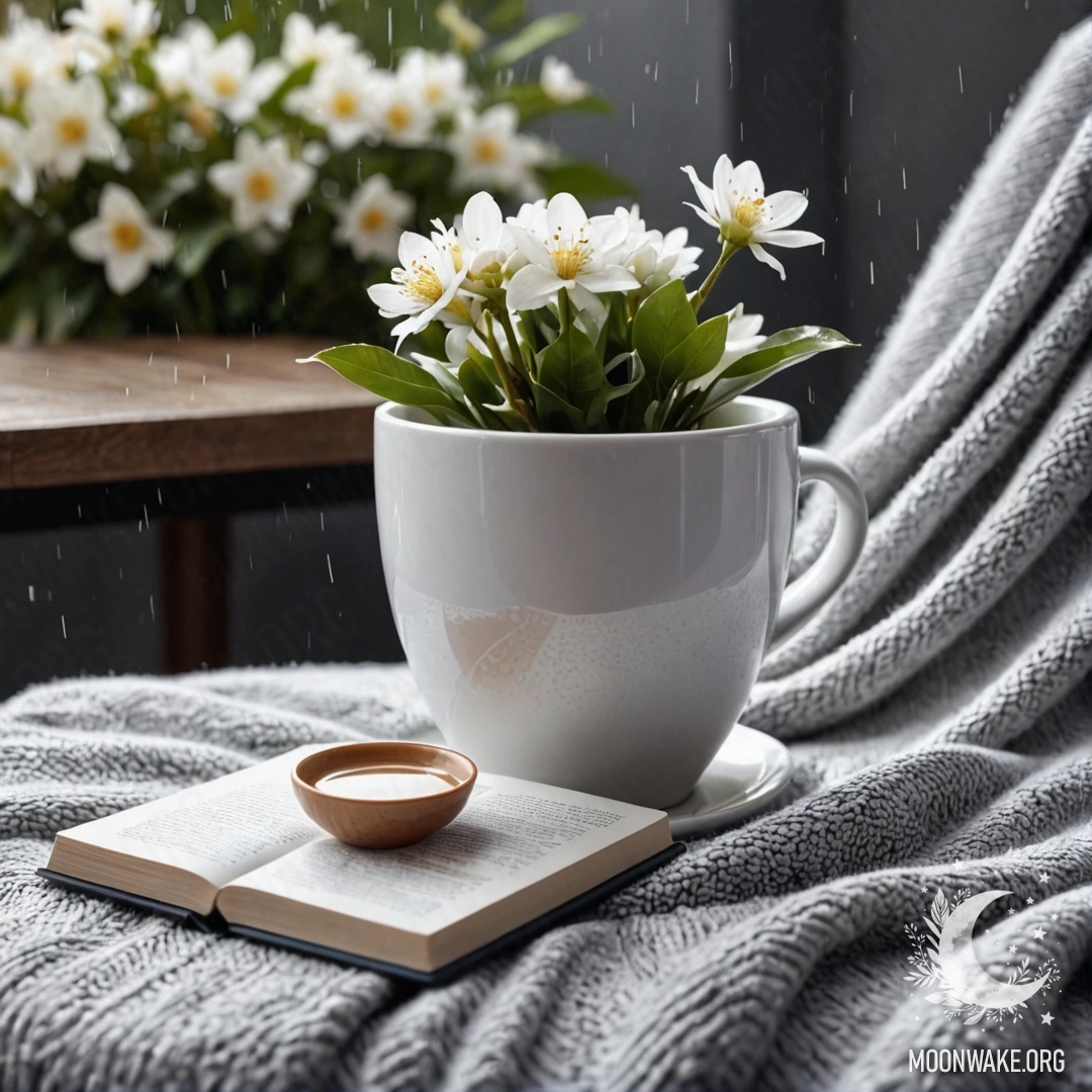 A close-up of a white chair adorned with a gray knitted blanket, a book, a branch with white flowers, and a white cup of coffee resting on it, all observed against the backdrop of rain.